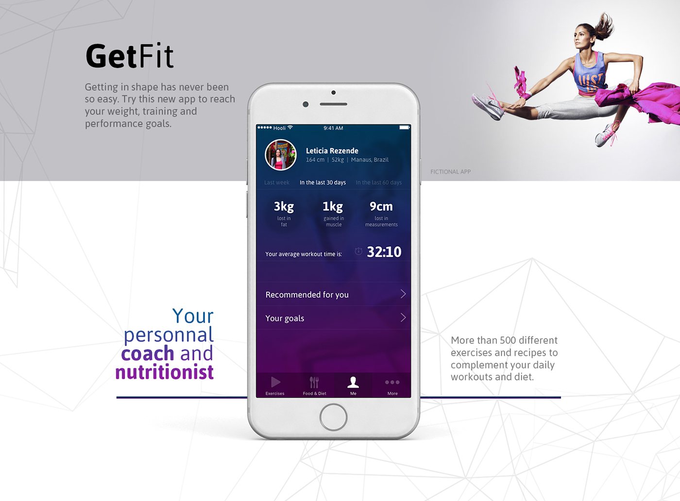 GetFit profile screen on an iPhone showing weight, measurements and workout time