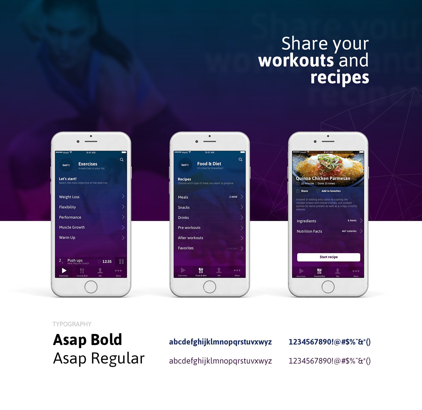 GetFit exercises, food and recipe screens on three iPhones