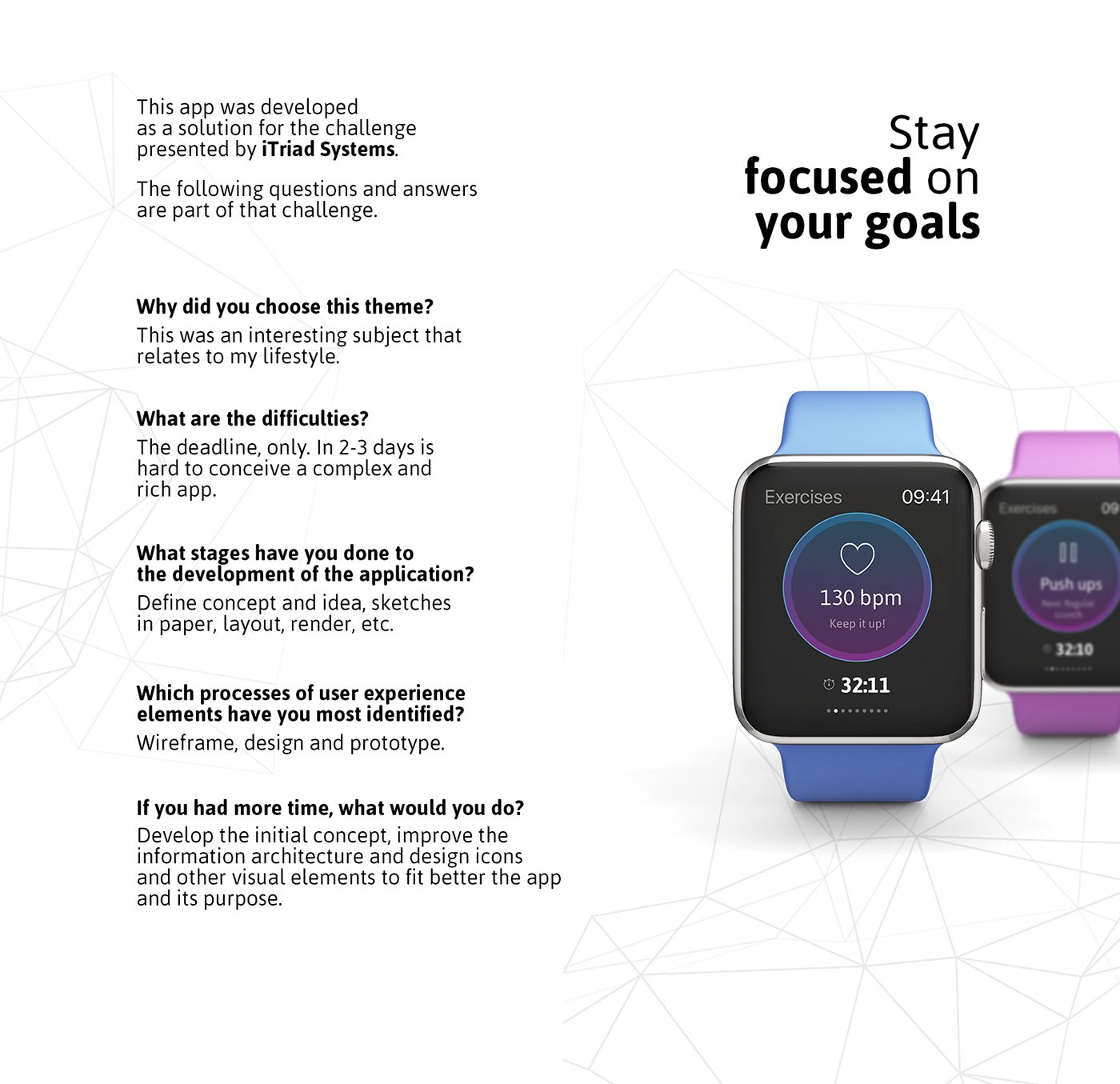GetFit on Apple Watch showing heart rate and workout time, with the challenge questions