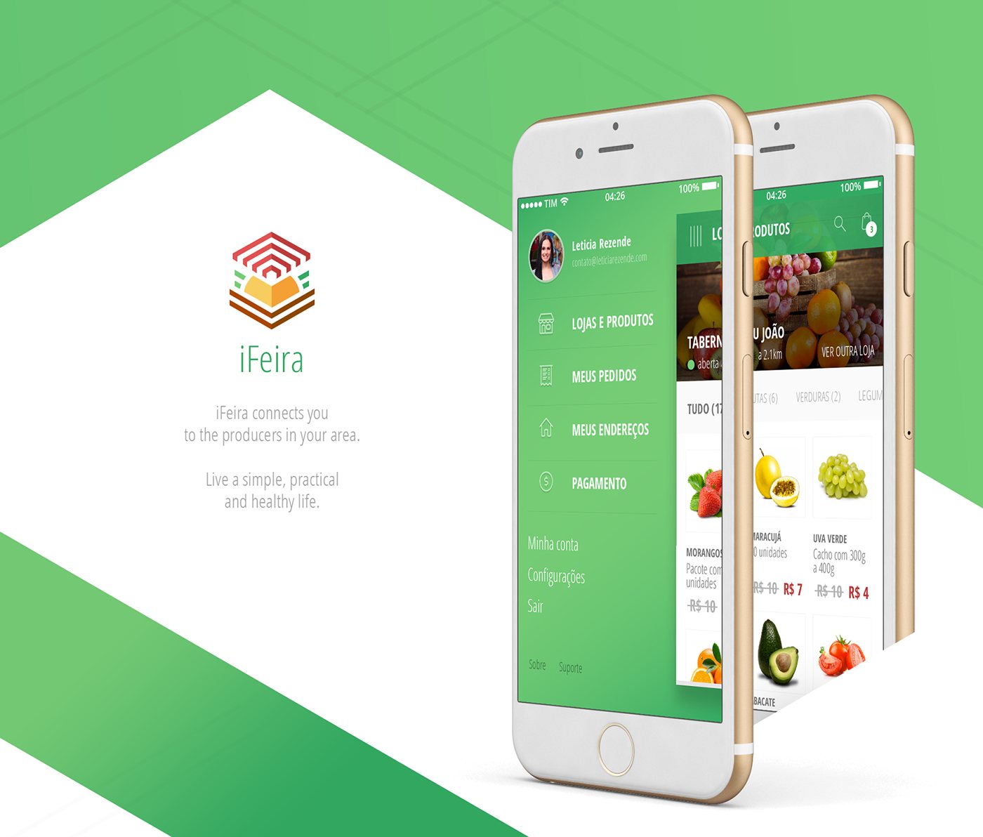 iFeira menu and shop screens on two iPhones