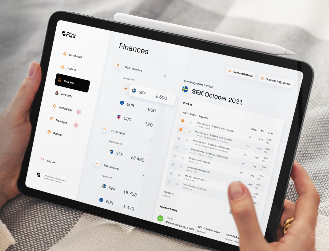 Plint Finances screen on a tablet