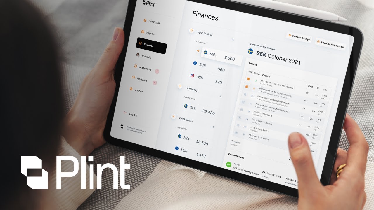 Plint project film: the Finances screen on a tablet with the Plint logo