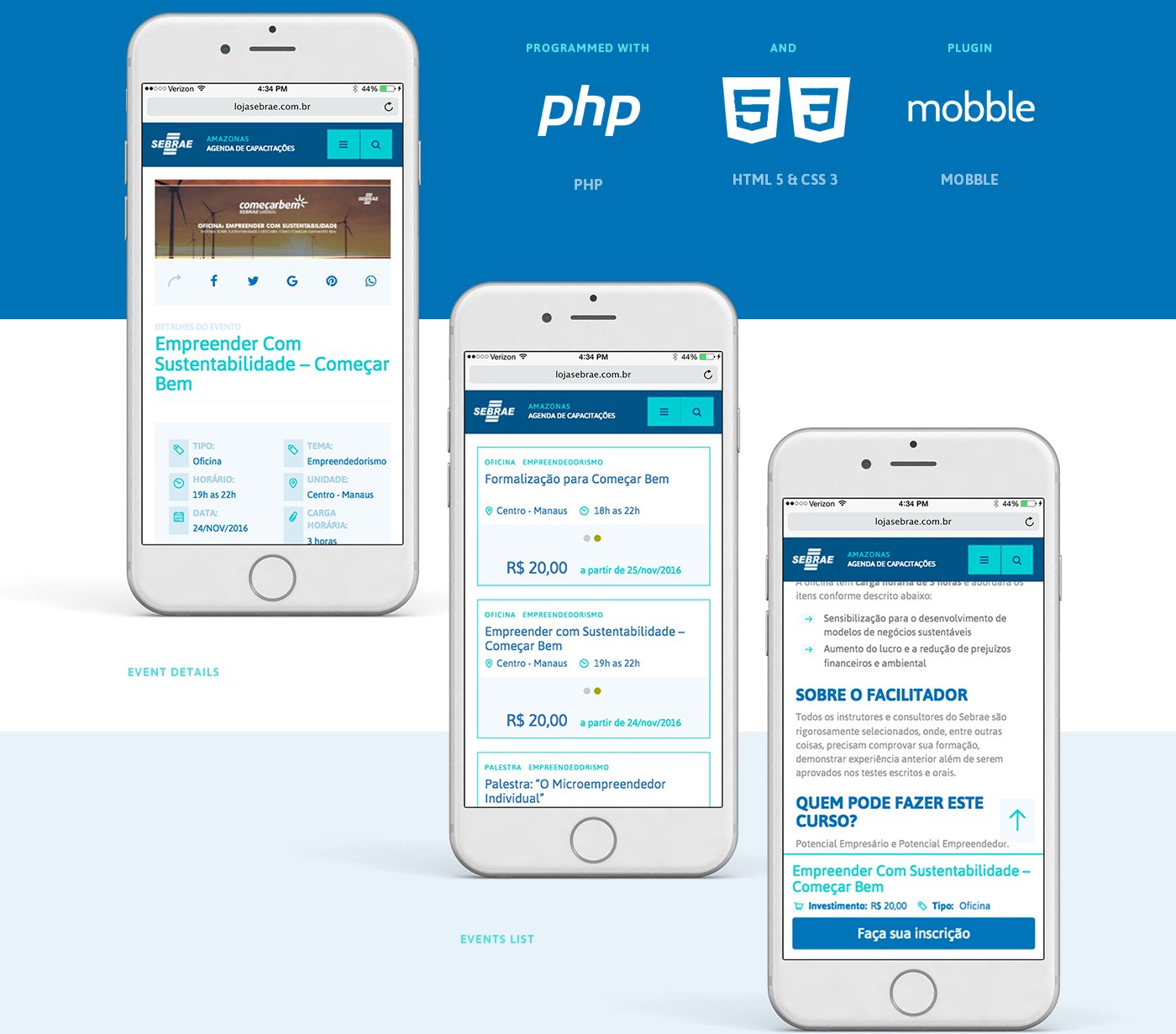 Sebrae event list and event detail pages on three iPhones